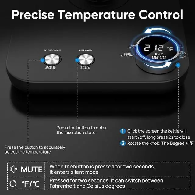 Alt view image 5 of 7 - COZII Gooseneck Electric Kettle, 5 Presets & ±1 Temperature Control 1200W Quick Heating Water Boiler for Coffee/Tea, 24H Keep Warm, Auto Shut Off Pour Over Kettle with 50pcs Coffee Filter,0.9L Black