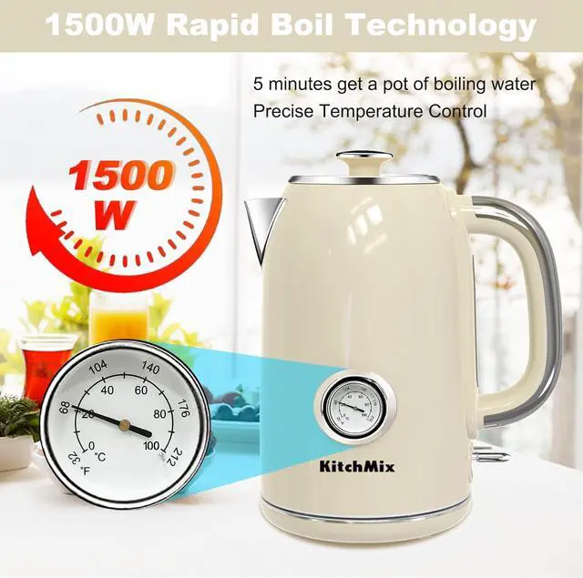 Alt view image 2 of 7 - Electric Kettles1500W, 1.7L Stainless Steel Tea Kettle with Thermometer, Auto Shut-Off & Boil-Dry, Cool Touch Handle, BPA Free Kettle & Hot Water Kettle (Beige)