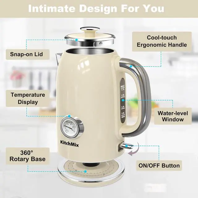 Alt view image 4 of 7 - Electric Kettles1500W, 1.7L Stainless Steel Tea Kettle with Thermometer, Auto Shut-Off & Boil-Dry, Cool Touch Handle, BPA Free Kettle & Hot Water Kettle (Beige)