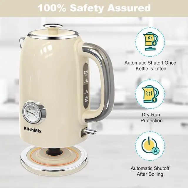 Alt view image 6 of 7 - Electric Kettles1500W, 1.7L Stainless Steel Tea Kettle with Thermometer, Auto Shut-Off & Boil-Dry, Cool Touch Handle, BPA Free Kettle & Hot Water Kettle (Beige)