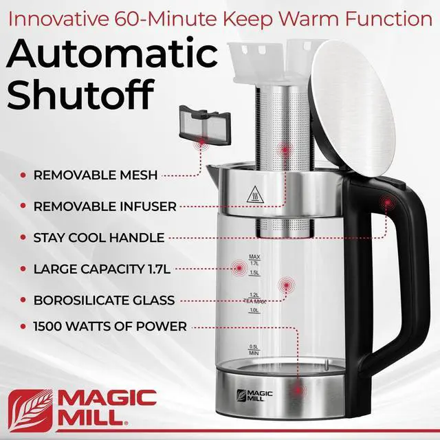 Alt view image 2 of 7 - Magic Mill Pro Electric Kettle with tea Infuser and Temperature Control - Keep Warm Function, Rapid Boil, Automatic Safety Shut Off, BPA Free, No Plastic on Water, British Patent Technology,Large 1.7L