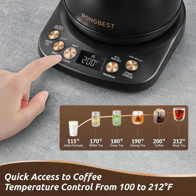 Alt view image 3 of 7 - Electric Gooseneck Kettle, 1200W, 6 Temperature Settings, Stainless Steel Inner Lid & Bottom, 1L Quick Heating Pour Over Kettle for Coffee & Tea, Matte Black