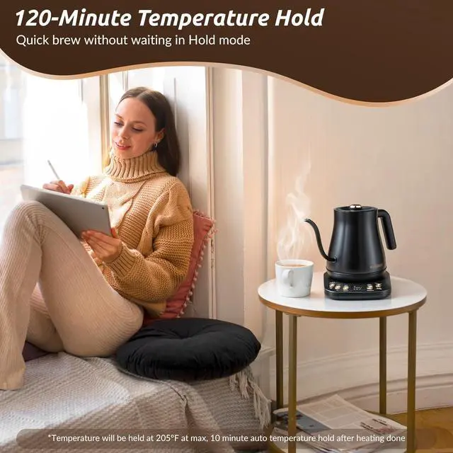 Alt view image 4 of 7 - Electric Gooseneck Kettle, 1200W, 6 Temperature Settings, Stainless Steel Inner Lid & Bottom, 1L Quick Heating Pour Over Kettle for Coffee & Tea, Matte Black