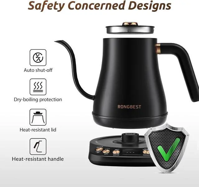 Alt view image 6 of 7 - Electric Gooseneck Kettle, 1200W, 6 Temperature Settings, Stainless Steel Inner Lid & Bottom, 1L Quick Heating Pour Over Kettle for Coffee & Tea, Matte Black