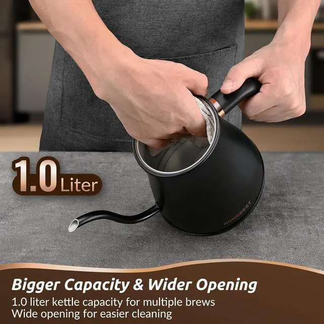 Alt view image 7 of 7 - Electric Gooseneck Kettle, 1200W, 6 Temperature Settings, Stainless Steel Inner Lid & Bottom, 1L Quick Heating Pour Over Kettle for Coffee & Tea, Matte Black