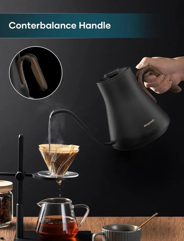 Alt view image 4 of 7 - Electric Kettles, INTASTING Gooseneck Electric Kettle, ±1 Temperature Control, Stainless Steel Inner, Quick Heating, for Pour Over Coffee, Brew Tea, Boil Hot Water, 1500W/0.9L (Glossy Black)