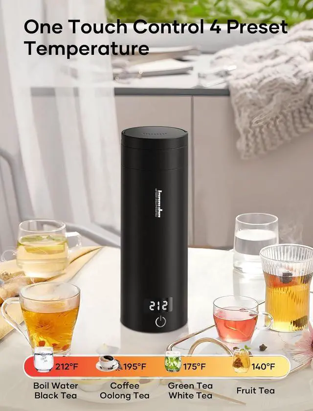 Alt view image 4 of 6 - Travel Portable Electric Tea Kettle, Small Coffee Kettle, Mini Hot Water Boiler, 380mL & 304 Stainless Steel, with 4 Variable Presets and Auto Shut-Off(Black)