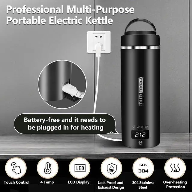 Alt view image 2 of 6 - Travel Kettle Small Tea Kettle Coffee Mini Portable Electric Kettle with 4 Temperature Settings, Plug in 304 Stainless Steel Mini Travel Electric Kettle with Auto Shut-off(Black)