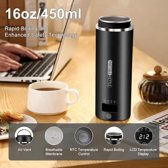 Alt view image 5 of 6 - Travel Kettle Small Tea Kettle Coffee Mini Portable Electric Kettle with 4 Temperature Settings, Plug in 304 Stainless Steel Mini Travel Electric Kettle with Auto Shut-off(Black)