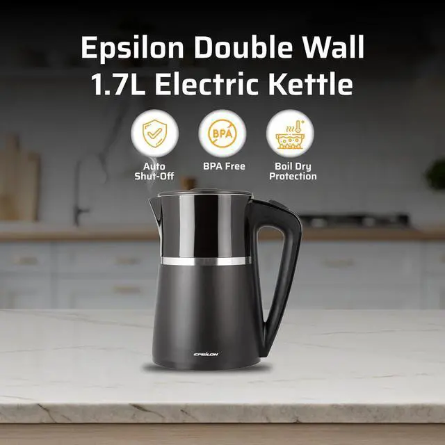 Alt view image 2 of 6 - Epsilon Double Wall Electric Kettle 1500W  1.7L Hot Water Tea Kettle & Hot Water Boiler with Auto Shut-Off, Boil Dry Protection, BPA-Free Stainless Steel Electric Teapot Fast Boil, Cool Touch Design