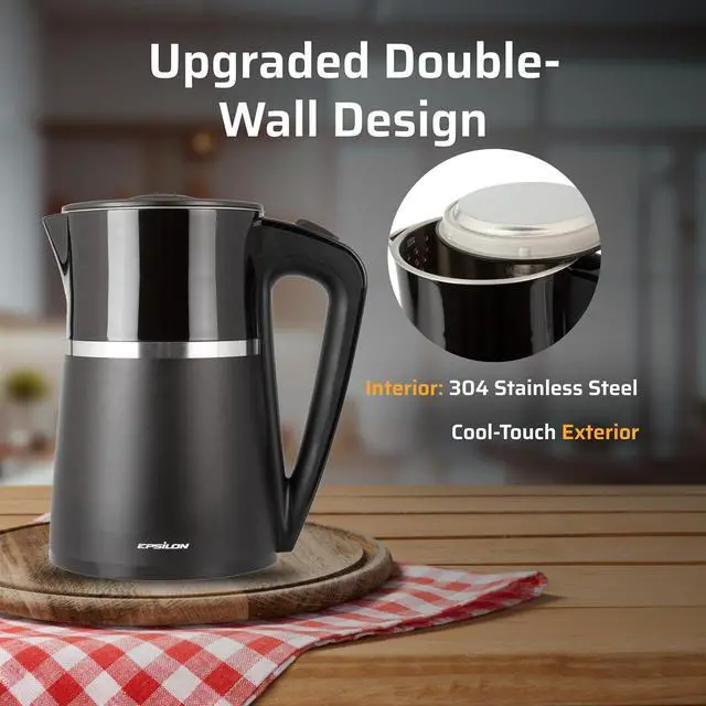 Alt view image 3 of 6 - Epsilon Double Wall Electric Kettle 1500W  1.7L Hot Water Tea Kettle & Hot Water Boiler with Auto Shut-Off, Boil Dry Protection, BPA-Free Stainless Steel Electric Teapot Fast Boil, Cool Touch Design