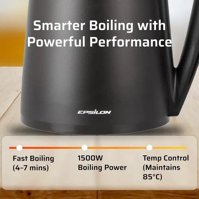 Alt view image 4 of 6 - Epsilon Double Wall Electric Kettle 1500W  1.7L Hot Water Tea Kettle & Hot Water Boiler with Auto Shut-Off, Boil Dry Protection, BPA-Free Stainless Steel Electric Teapot Fast Boil, Cool Touch Design