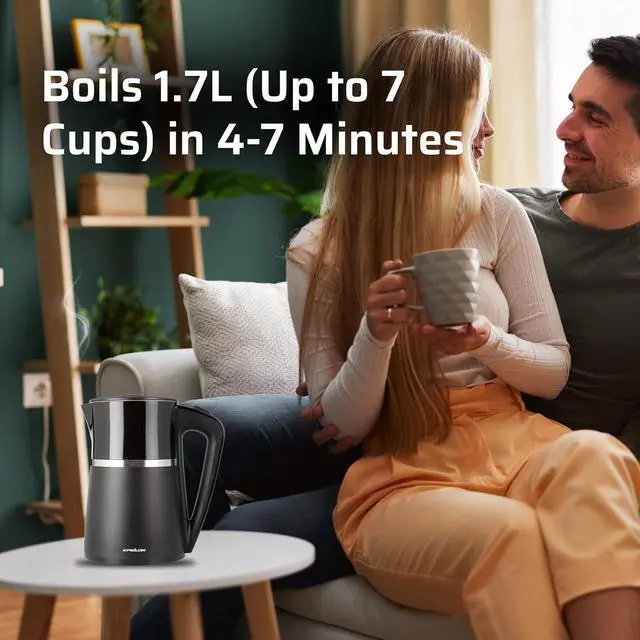 Alt view image 6 of 6 - Epsilon Double Wall Electric Kettle 1500W  1.7L Hot Water Tea Kettle & Hot Water Boiler with Auto Shut-Off, Boil Dry Protection, BPA-Free Stainless Steel Electric Teapot Fast Boil, Cool Touch Design