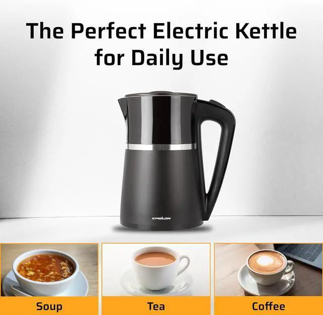 Alt view image 5 of 6 - Epsilon Double Wall Electric Kettle 1500W  1.7L Hot Water Tea Kettle & Hot Water Boiler with Auto Shut-Off, Boil Dry Protection, BPA-Free Stainless Steel Electric Teapot Fast Boil, Cool Touch Design