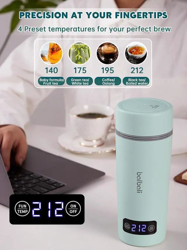 Alt view image 3 of 7 - balbali Dual Voltage Travel Kettle 100-250V - 12oz Portable Water Boiler/Warmer/Heater for Boiling Water - 4 Preset Temperature Control Portable Tea Kettle Electric Travel - Green