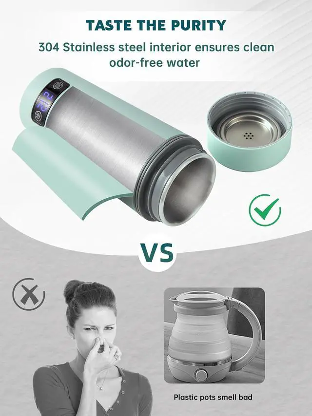 Alt view image 4 of 7 - balbali Dual Voltage Travel Kettle 100-250V - 12oz Portable Water Boiler/Warmer/Heater for Boiling Water - 4 Preset Temperature Control Portable Tea Kettle Electric Travel - Green