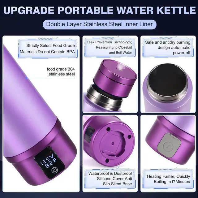 Alt view image 6 of 7 - Car Electric Kettle, 12V/24V Car Water Boiler, Vehical Water Heater with Stainless Steel Double Wall Vacuum Insulated, 6 Temperature and Auto Shut-Off Boil Dry,16oz