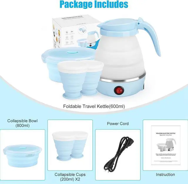 Alt view image 7 of 7 - Travel Foldable Electric Kettle, Portable Kettle for Fast Water Boiling Tea Coffee, with 1 Collapsible Bowl and 2 Cups, Food Grade Silicon, 600ML 110V