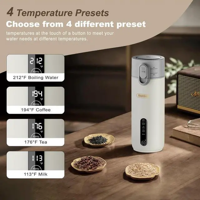 Alt view image 4 of 7 - Travel Portable Electric Kettle (Non-Rechargeable), Food-Grade 316 Stainless Steel (300W/400ML) Fast-Boil Small Hot Water Boiler with 4 Temp Settings, Keep Warm, Auto Shut-Off & Boil-Dry Protection