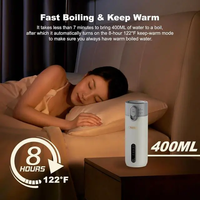 Alt view image 6 of 7 - Travel Portable Electric Kettle (Non-Rechargeable), Food-Grade 316 Stainless Steel (300W/400ML) Fast-Boil Small Hot Water Boiler with 4 Temp Settings, Keep Warm, Auto Shut-Off & Boil-Dry Protection