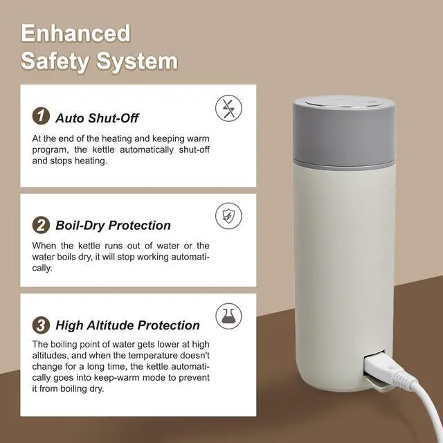 Alt view image 7 of 7 - Travel Portable Electric Kettle (Non-Rechargeable), Food-Grade 316 Stainless Steel (300W/400ML) Fast-Boil Small Hot Water Boiler with 4 Temp Settings, Keep Warm, Auto Shut-Off & Boil-Dry Protection
