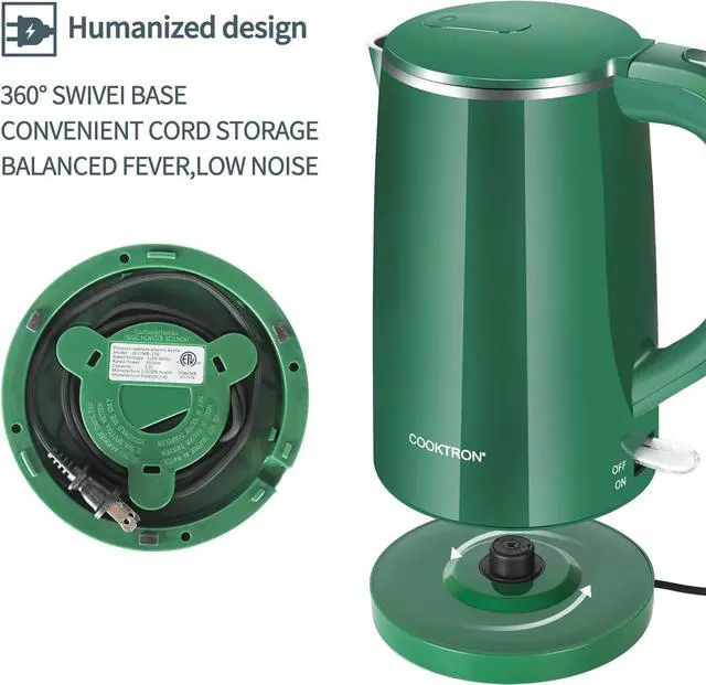 Alt view image 5 of 7 - 1.7L Electric Kettle Quiet, Double Wall Hot Water Boiler BPA-Free, Quiet Boil and Cool Touch Tea Kettle, Cordless with Auto Shut-Off & Boil Dry Protection, 1500W Fast Boiling, dark green