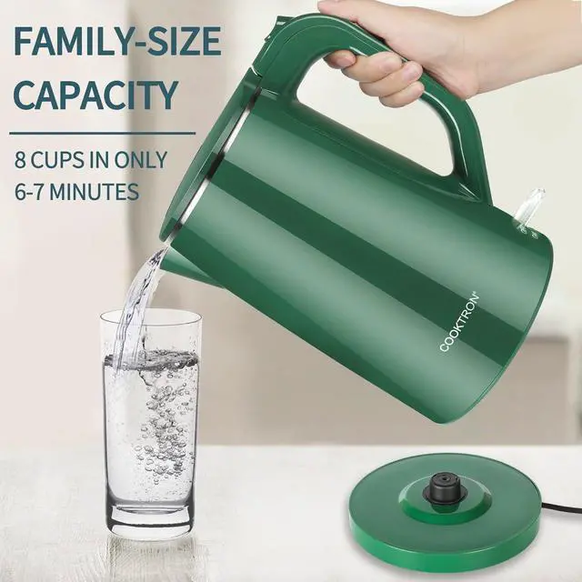 Alt view image 7 of 7 - 1.7L Electric Kettle Quiet, Double Wall Hot Water Boiler BPA-Free, Quiet Boil and Cool Touch Tea Kettle, Cordless with Auto Shut-Off & Boil Dry Protection, 1500W Fast Boiling, dark green