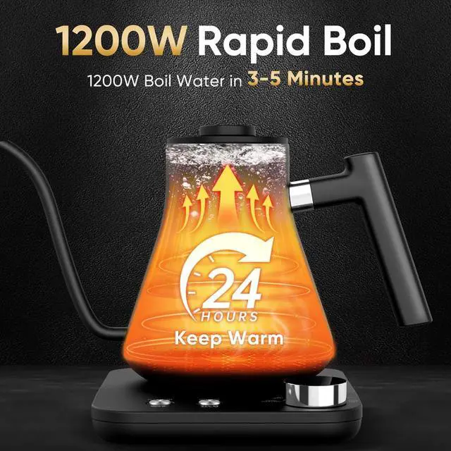 Alt view image 7 of 7 - COZII Gooseneck Electric Kettle, 5 Presets & ±1 Temperature Control 1200W Quick Heating Water Boiler for Coffee/Tea, 24H Keep Warm, Auto Shut Off Pour Over Kettle with 50pcs Coffee Filter,0.9L Black