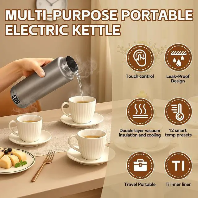 Alt view image 3 of 7 - Pure Titanium Travel Kettle,Dual Voltage Portable Electric Kettle 110V-240V Smart Small Water Boiler for Tea & Coffee,12 Temperature Control,Auto Shut Off & Boil Dry Protection (Gray,380ML)