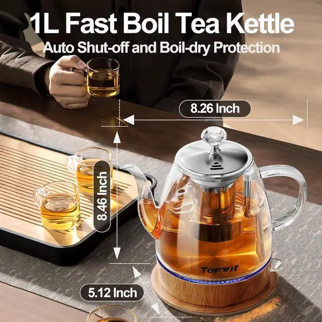 Main image of Topwit Electric Kettle Glass, For Hot Water, Tea and Coffee Dual Purpose Design, BPA-Free, 1L Pour Over Removable Stainless Steel Infuser, Auto-shut Off & Boil-dry Protect