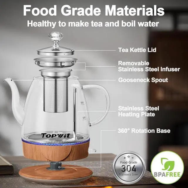 Alt view image 2 of 6 - Topwit Electric Kettle Glass, For Hot Water, Tea and Coffee Dual Purpose Design, BPA-Free, 1L Pour Over Removable Stainless Steel Infuser, Auto-shut Off & Boil-dry Protect
