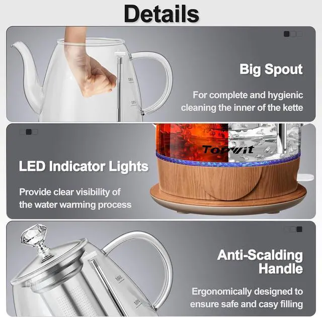 Alt view image 6 of 6 - Topwit Electric Kettle Glass, For Hot Water, Tea and Coffee Dual Purpose Design, BPA-Free, 1L Pour Over Removable Stainless Steel Infuser, Auto-shut Off & Boil-dry Protect