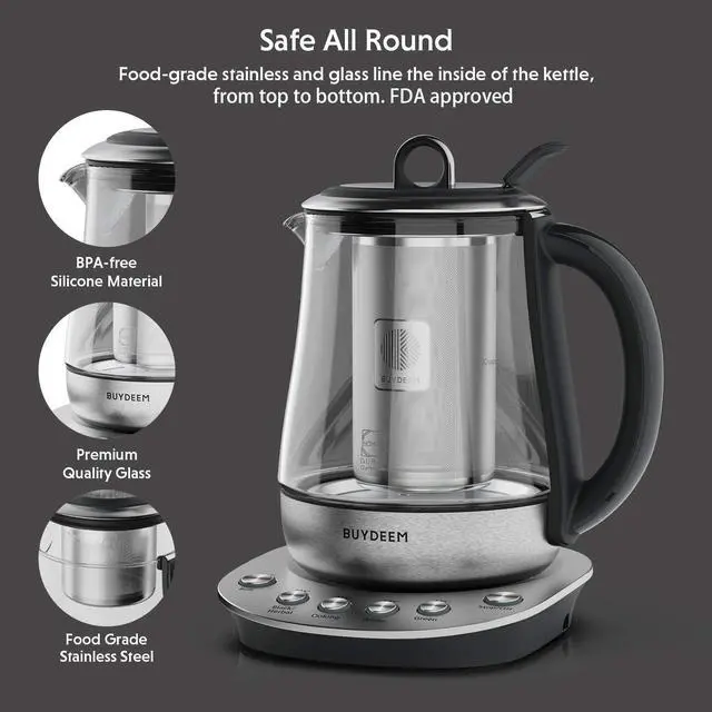 Alt view image 2 of 6 - BUYDEEM K2423 Tea Maker, 316 Stainless Steel & Heat Resistant DURAN Glass Electric Kettle, Removable Infuser, Auto Keep Warm, 1.2L