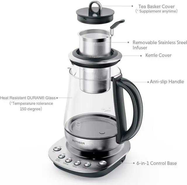 Alt view image 3 of 6 - BUYDEEM K2423 Tea Maker, 316 Stainless Steel & Heat Resistant DURAN Glass Electric Kettle, Removable Infuser, Auto Keep Warm, 1.2L