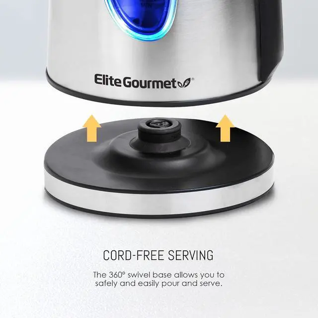 Alt view image 3 of 7 - Elite Gourmet EKT-1271# Ultimate 1.7 Liter Electric Kettle  Stainless Steel Design & Cordless 360° Base, Stylish Blue LED Interior, Handy Auto Shut-Off Function  Quickly Boil Water For Tea & More