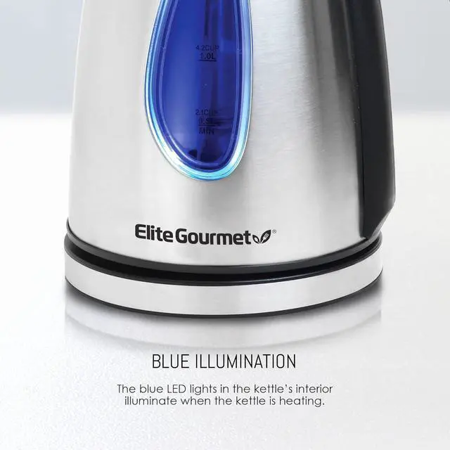Alt view image 4 of 7 - Elite Gourmet EKT-1271# Ultimate 1.7 Liter Electric Kettle  Stainless Steel Design & Cordless 360° Base, Stylish Blue LED Interior, Handy Auto Shut-Off Function  Quickly Boil Water For Tea & More