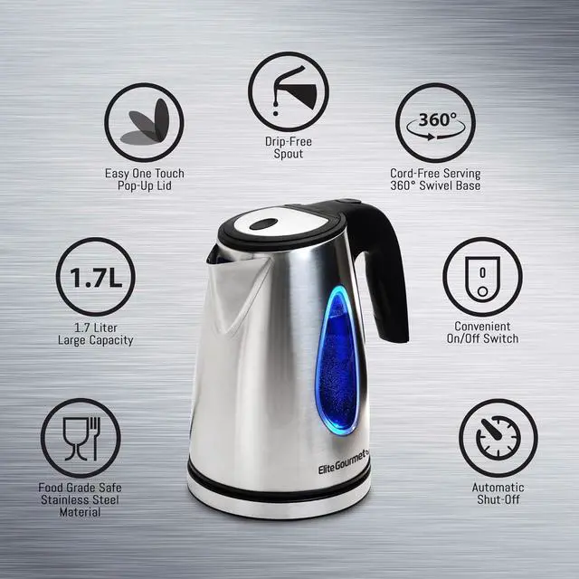 Alt view image 5 of 7 - Elite Gourmet EKT-1271# Ultimate 1.7 Liter Electric Kettle  Stainless Steel Design & Cordless 360° Base, Stylish Blue LED Interior, Handy Auto Shut-Off Function  Quickly Boil Water For Tea & More