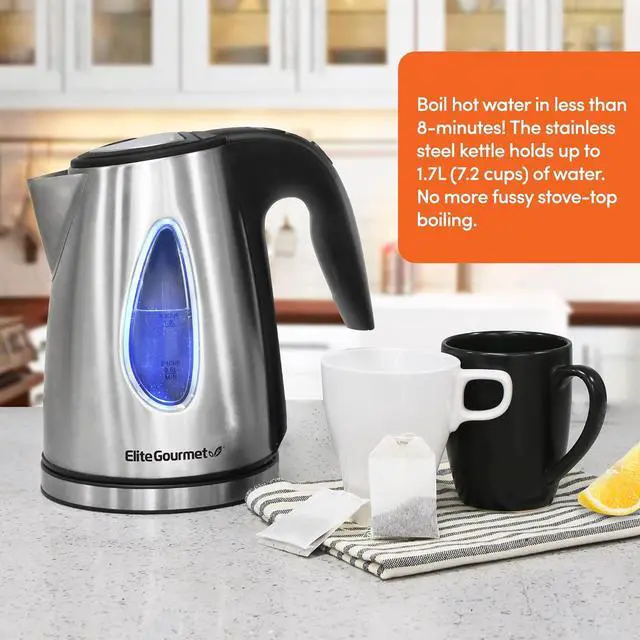 Alt view image 6 of 7 - Elite Gourmet EKT-1271# Ultimate 1.7 Liter Electric Kettle  Stainless Steel Design & Cordless 360° Base, Stylish Blue LED Interior, Handy Auto Shut-Off Function  Quickly Boil Water For Tea & More