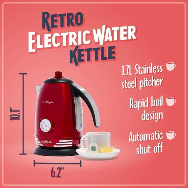 Alt view image 2 of 7 - Nostalgia Retro Stainless Steel Electric Tea And Water Kettle, 1.7 Liters, Auto-Shut Off & Boil-Dry Protection, Water Level Indicator Window, Red