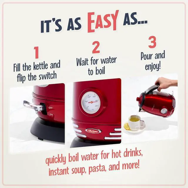 Alt view image 3 of 7 - Nostalgia Retro Stainless Steel Electric Tea And Water Kettle, 1.7 Liters, Auto-Shut Off & Boil-Dry Protection, Water Level Indicator Window, Red