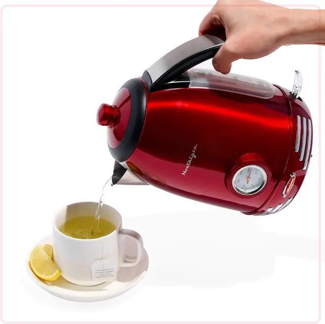 Alt view image 7 of 7 - Nostalgia Retro Stainless Steel Electric Tea And Water Kettle, 1.7 Liters, Auto-Shut Off & Boil-Dry Protection, Water Level Indicator Window, Red