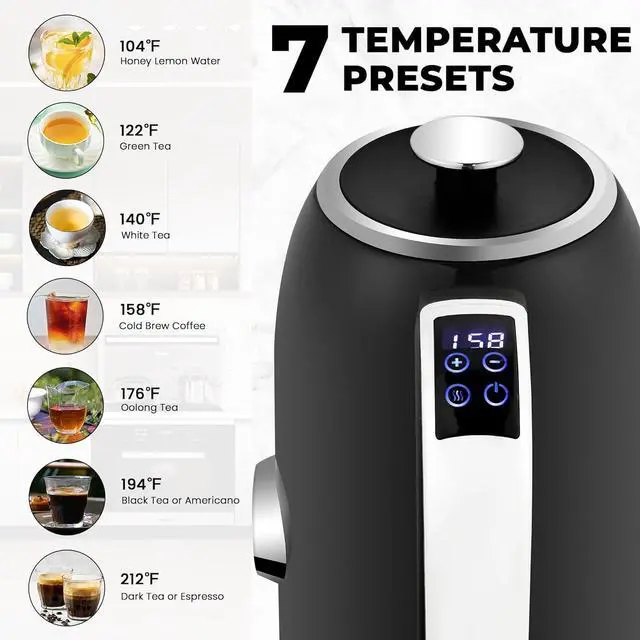 Alt view image 2 of 7 - SUSTEAS Electric Kettle Temperature Control - 57oz Hot Water Boiler with Thermometer, 1500W Fast Heating Stainless Steel Tea Kettles, Cordless LED Indicator, Auto Shut-Off & Boil Dry Protection,Black