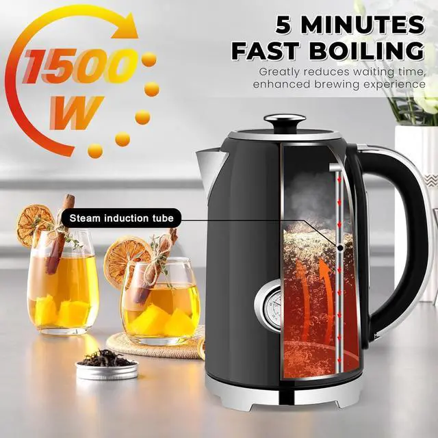 Alt view image 4 of 7 - SUSTEAS Electric Kettle Temperature Control - 57oz Hot Water Boiler with Thermometer, 1500W Fast Heating Stainless Steel Tea Kettles, Cordless LED Indicator, Auto Shut-Off & Boil Dry Protection,Black