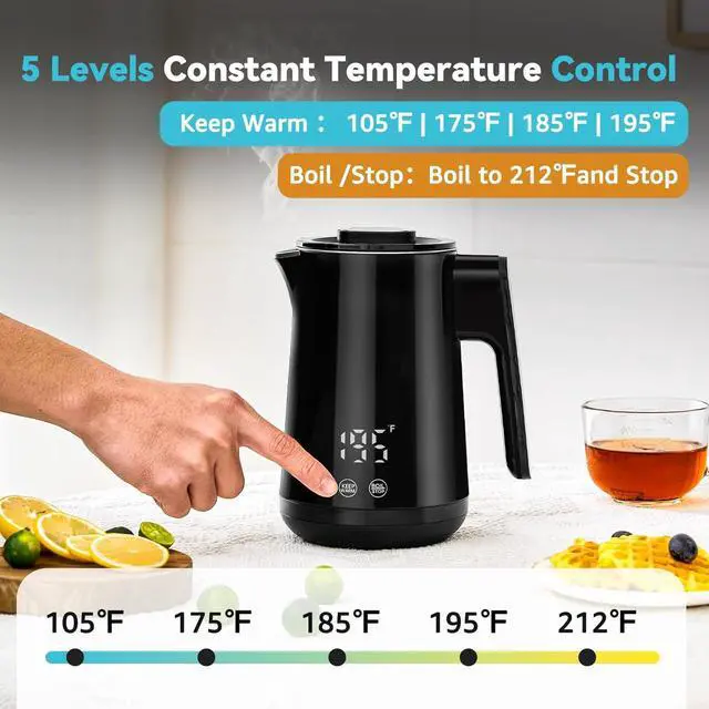 Alt view image 4 of 7 - Seehot® 850ml Small Electric Kettle Temperature Control,800W Double Wall Electric Tea Kettle of 304 Stainless Steel,5 Temp Presets,Hot Water Kettle Electric,Auto Shut Off for Tea and Coffee-Black