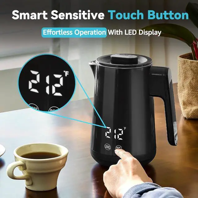 Alt view image 5 of 7 - Seehot® 850ml Small Electric Kettle Temperature Control,800W Double Wall Electric Tea Kettle of 304 Stainless Steel,5 Temp Presets,Hot Water Kettle Electric,Auto Shut Off for Tea and Coffee-Black