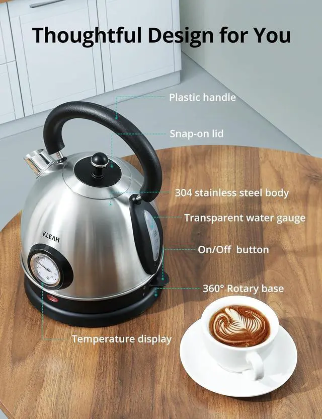 Alt view image 2 of 7 - Retro Electric Water Kettle 1.8L Stainless Steel for Boiling Water with Temperature Gauge, Visible Water Level Line, Led Light, Auto Shut-Off & Boil-Dry Protection, 1500W Fast Heating