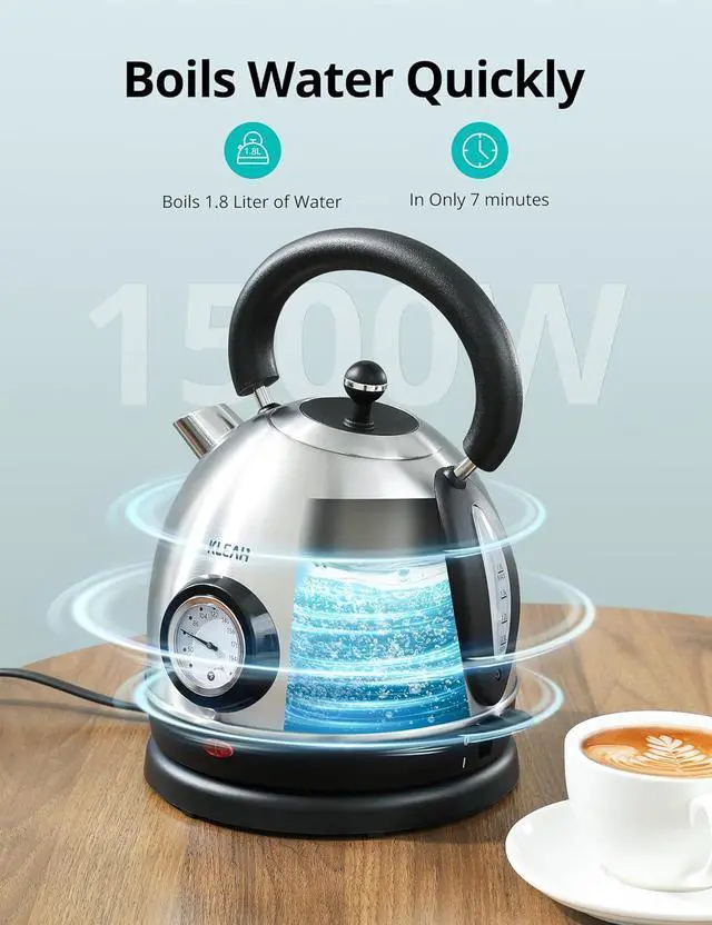 Alt view image 3 of 7 - Retro Electric Water Kettle 1.8L Stainless Steel for Boiling Water with Temperature Gauge, Visible Water Level Line, Led Light, Auto Shut-Off & Boil-Dry Protection, 1500W Fast Heating