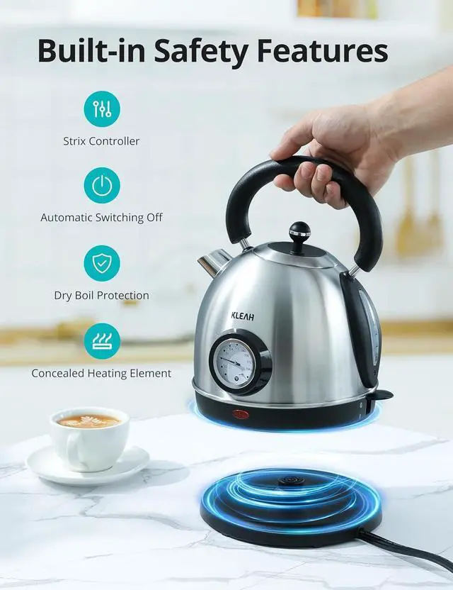Alt view image 4 of 7 - Retro Electric Water Kettle 1.8L Stainless Steel for Boiling Water with Temperature Gauge, Visible Water Level Line, Led Light, Auto Shut-Off & Boil-Dry Protection, 1500W Fast Heating