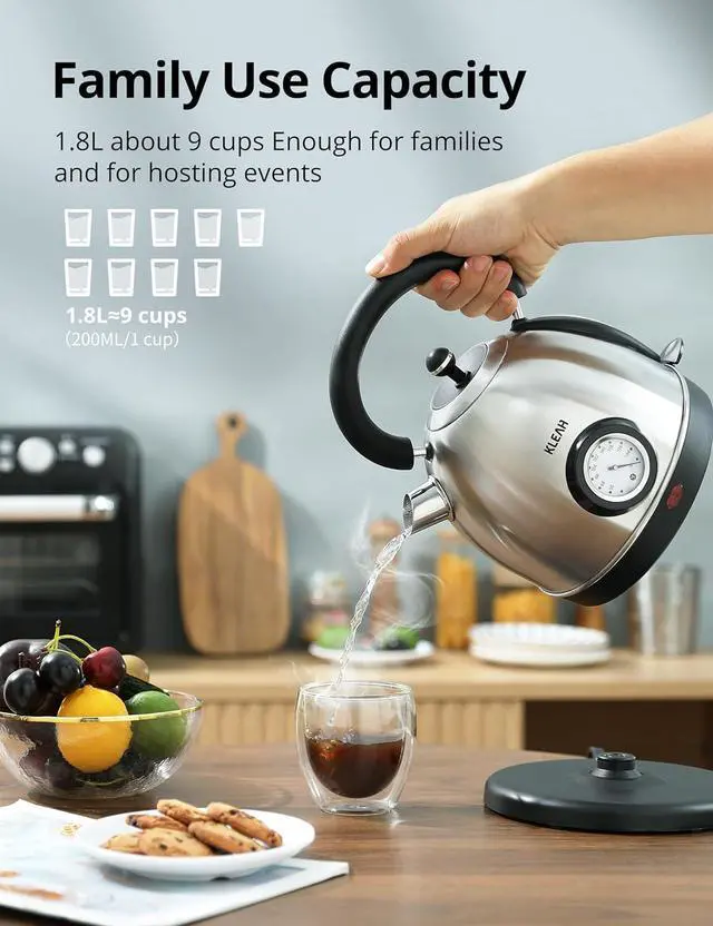 Alt view image 5 of 7 - Retro Electric Water Kettle 1.8L Stainless Steel for Boiling Water with Temperature Gauge, Visible Water Level Line, Led Light, Auto Shut-Off & Boil-Dry Protection, 1500W Fast Heating
