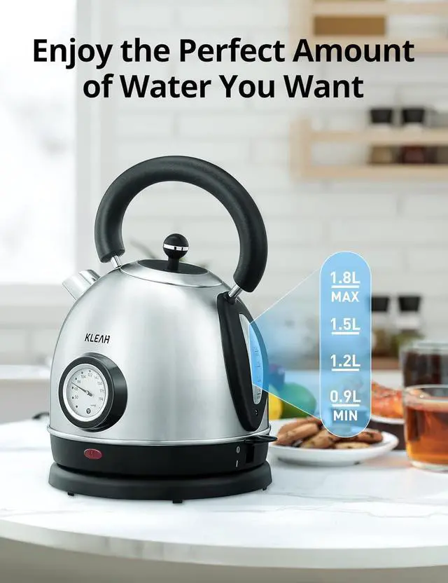 Alt view image 6 of 7 - Retro Electric Water Kettle 1.8L Stainless Steel for Boiling Water with Temperature Gauge, Visible Water Level Line, Led Light, Auto Shut-Off & Boil-Dry Protection, 1500W Fast Heating